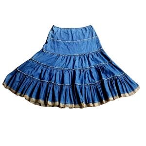 Mix Nouveau Denim Skirt Midi Jr XL Cottagecore Tiered Boho Western Gypsy Peasant